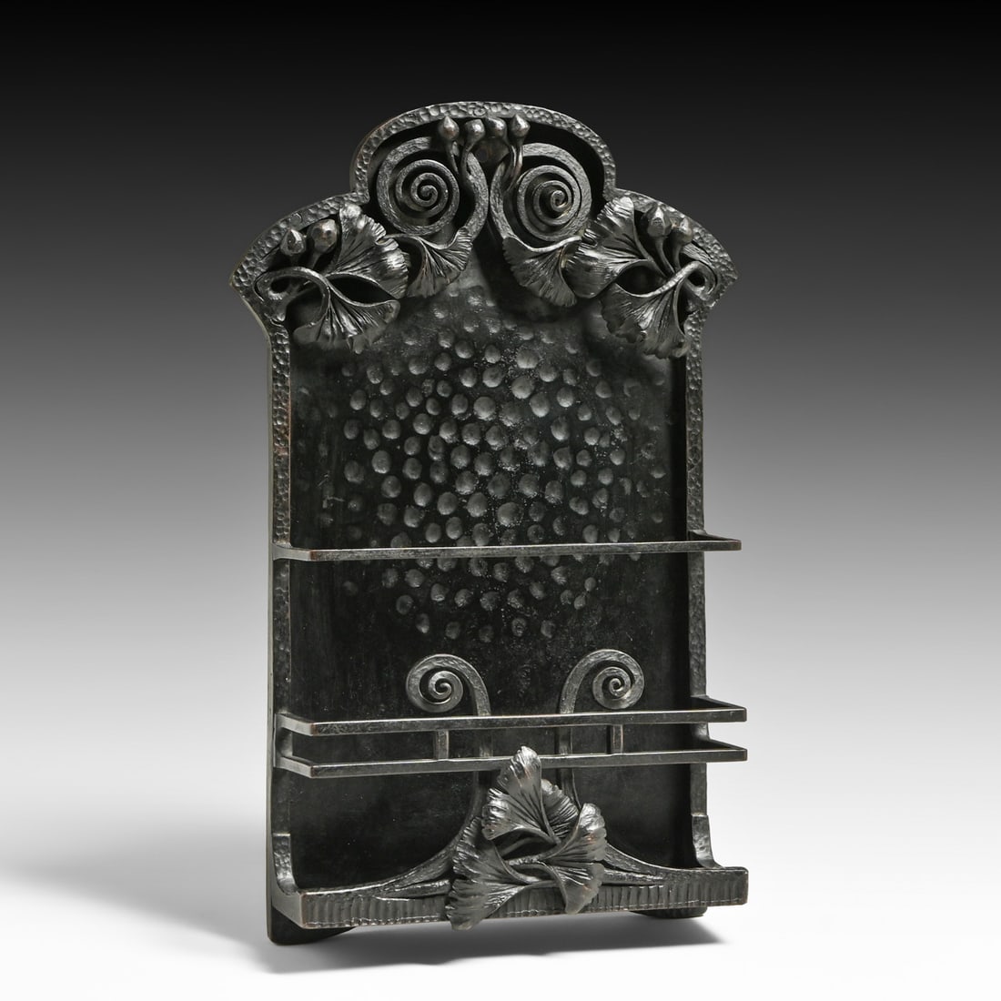 Louis Zwahlen Swiss Art Nouveau Handwrought Iron Shelf c1900: Louis Zwahlen Swiss Art Nouveau Handwrought Iron Shelf c1900. Signed. Excellent original patina. 11.75"h x 8"w x 2.25"d FREE NATIONWIDE SHIPPING Free Nationwide Shipping within the lower 48 states for