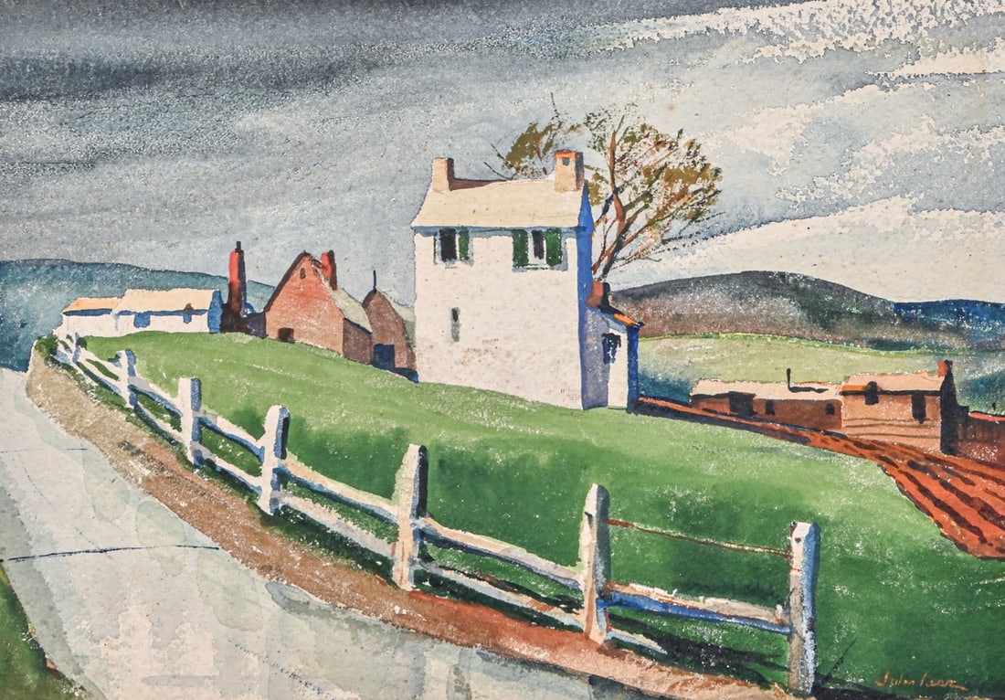 John Brock Lear Jr. (American, 1910–2008) Rural Farmhouse Landscape Watercolor c1980s: John Brock Lear Jr. (American, 1910–2008) Rural Farmhouse Landscape Watercolor c1980s. Signed. Excellent condition. Image 9.5"h x 13.5"w. Matting 16"h x 20"w FREE NATIONWIDE SHIPPING Free Nationwide