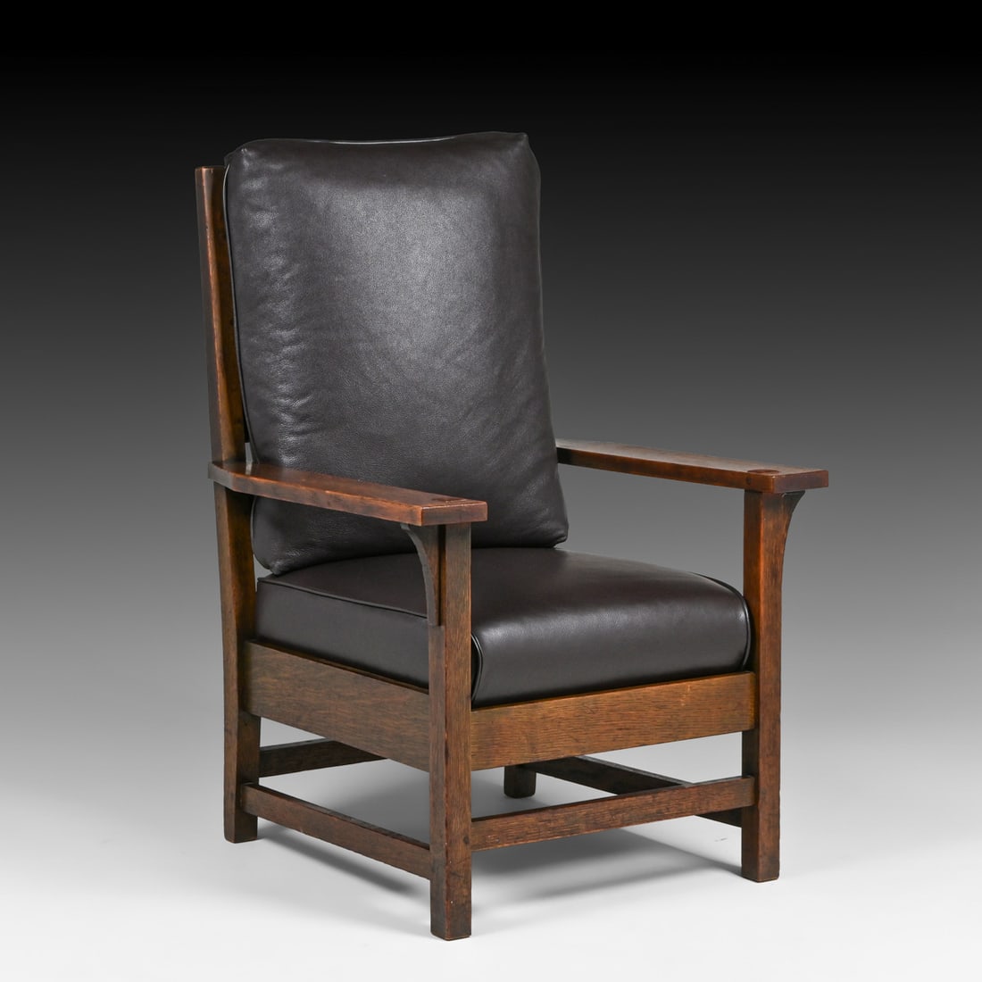 Gustav Stickley Oak Large Armchair c1910: Gustav Stickley Oak Large Armchair c1910. Signed. Excellent original finish. Very comforatble, soft chocolate brown leather. 42.5"h x 30"w x 29.25"d FREE NATIONWIDE SHIPPING Free Nationwide Shipping w