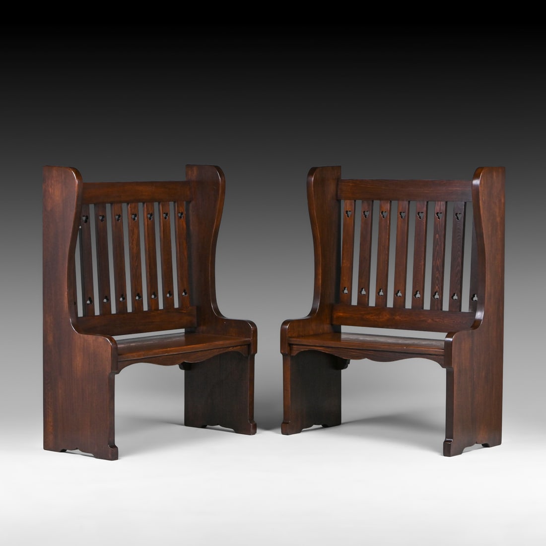 Pair Arts & Crafts Douglas Fir Cutout Inglenook Benches c1910: Pair Arts & Crafts Douglas Fir Cutout Inglenook Benches c1910. Bernard Maybeck influence. Came from a North Berkeley Estate. Perfect for either side of a fireplace. Unsigned. Very nicely refinished.