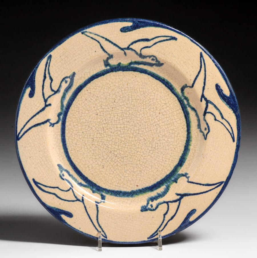 Early Pewabic Pottery Iridescent Crackleware Flying Geese Plate c1905 (1 of 4)