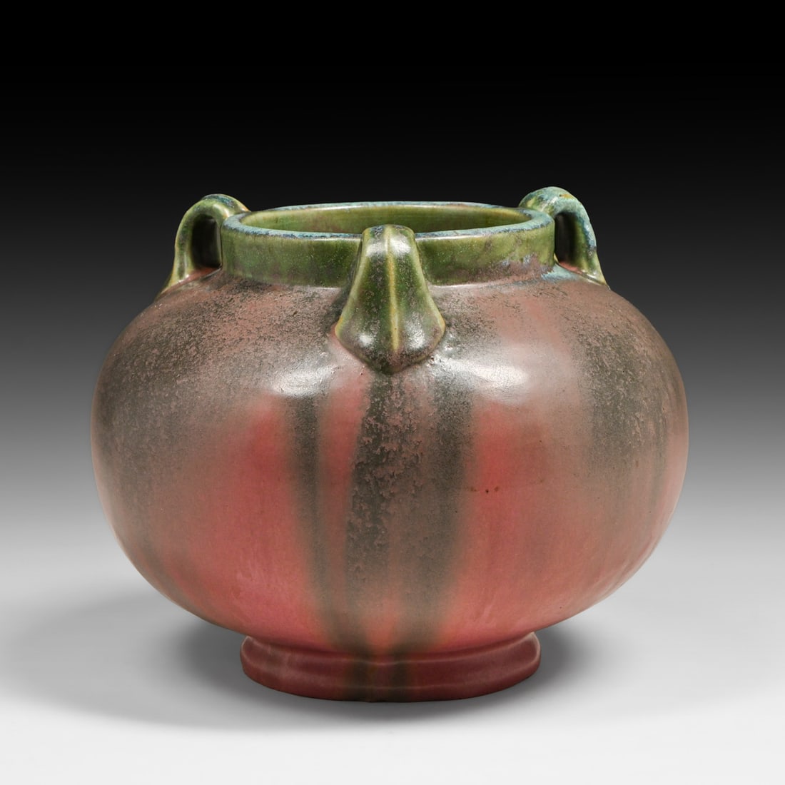 Fulper Pottery Chinese Green & Pink Matte Flambe Three-Handled Vase c1917-1920: Fulper Pottery Chinese Green & Pink Matte Flambe Three-Handled Vase c1917-1920. Signed. Perfect condition. 7.5"d x 6.75"h FREE NATIONWIDE SHIPPING Free Nationwide Shipping within the lower 48 states f