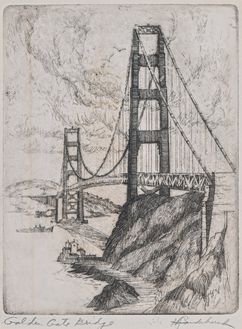 Harriet Gene Roudebush (1908–1998) Etching "Golden Gate Bridge" San Francisco c1937-1940 (1 of 5)