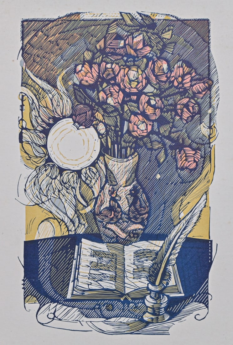 Richard Bawden RWS, NEAC, RE (British, 1936-2024) Color Linocut "Broccoli Rendezvous" c1980s: Richard Bawden RWS, NEAC, RE (British, 1936-2024) Color Linocut "Broccoli Rendezvous" c1980s. Unsigned. Unframed 11.75"h x 8.75"w FREE NATIONWIDE SHIPPING Free Nationwide Shipping within the lower 48 