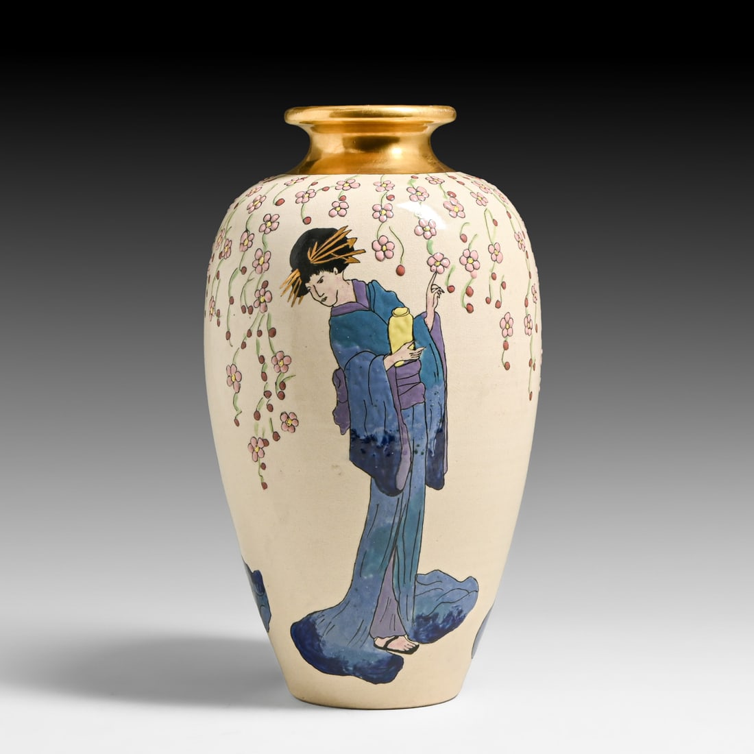 American Arts & Crafts Hand-Decorated Japanese Satsuma Vase c1910: American Arts & Crafts Hand-Decorated Japanese Satsuma Vase c1910. Signed "H. Fowler". Invisible professional restoration to small drill hole, otherwise perfect condition. 12”h x 6”d FREE