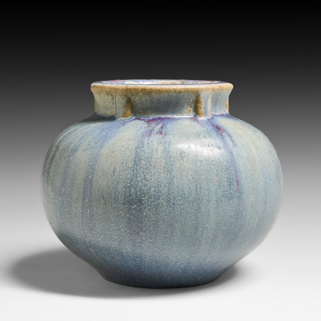 Fulper Pottery Vasekraft Spherical Ribbed Blue of the Sky over Violet Wistaria Flambé Vase c1910s.: Fulper Pottery Vasekraft Spherical Ribbed Blue of the Sky over Violet Wistaria Flambé Vase c1910s. Signed. Perfect condition. 5"h x 6.5"d FREE NATIONWIDE SHIPPING Free Nationwide Shipping within the 
