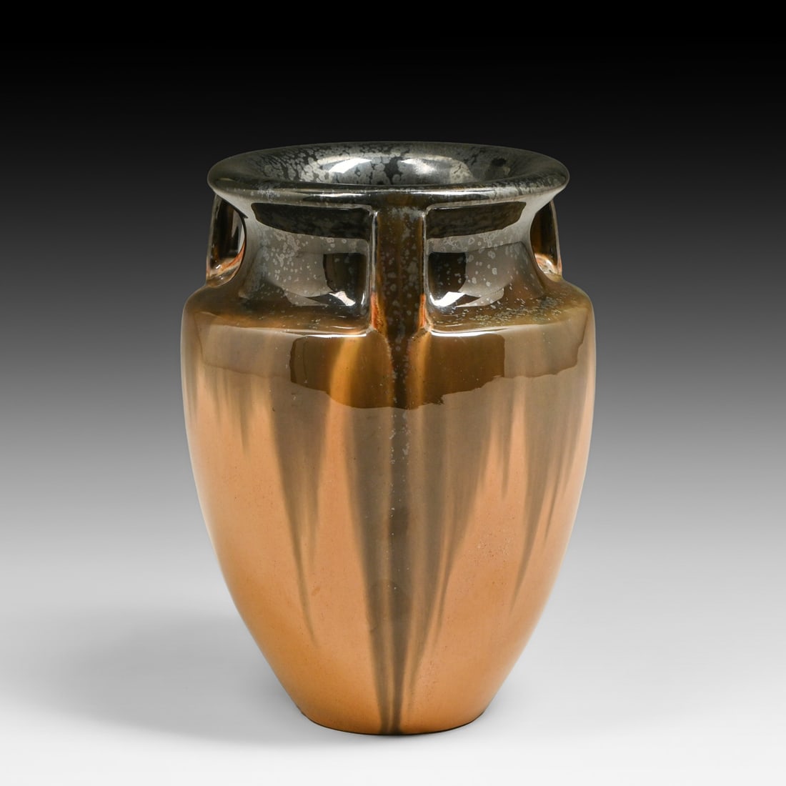 Fulper Pottery Three-Handled Mirror Black & Orange Flambe Bullet-Form Vase c1917-1920: Fulper Pottery Three-Handled Mirror Black & Orange Flambe Bullet-Form Vase c1917-1920. Signed. Perfect condition. 7"h x 5"d FREE NATIONWIDE SHIPPING Free Nationwide Shipping within the lower 48 states