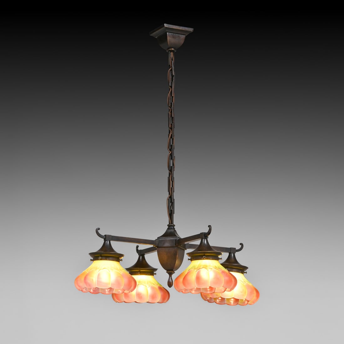 Arts & Crafts Period Brass & Art Glass Chandelier c1910 (1 of 8)