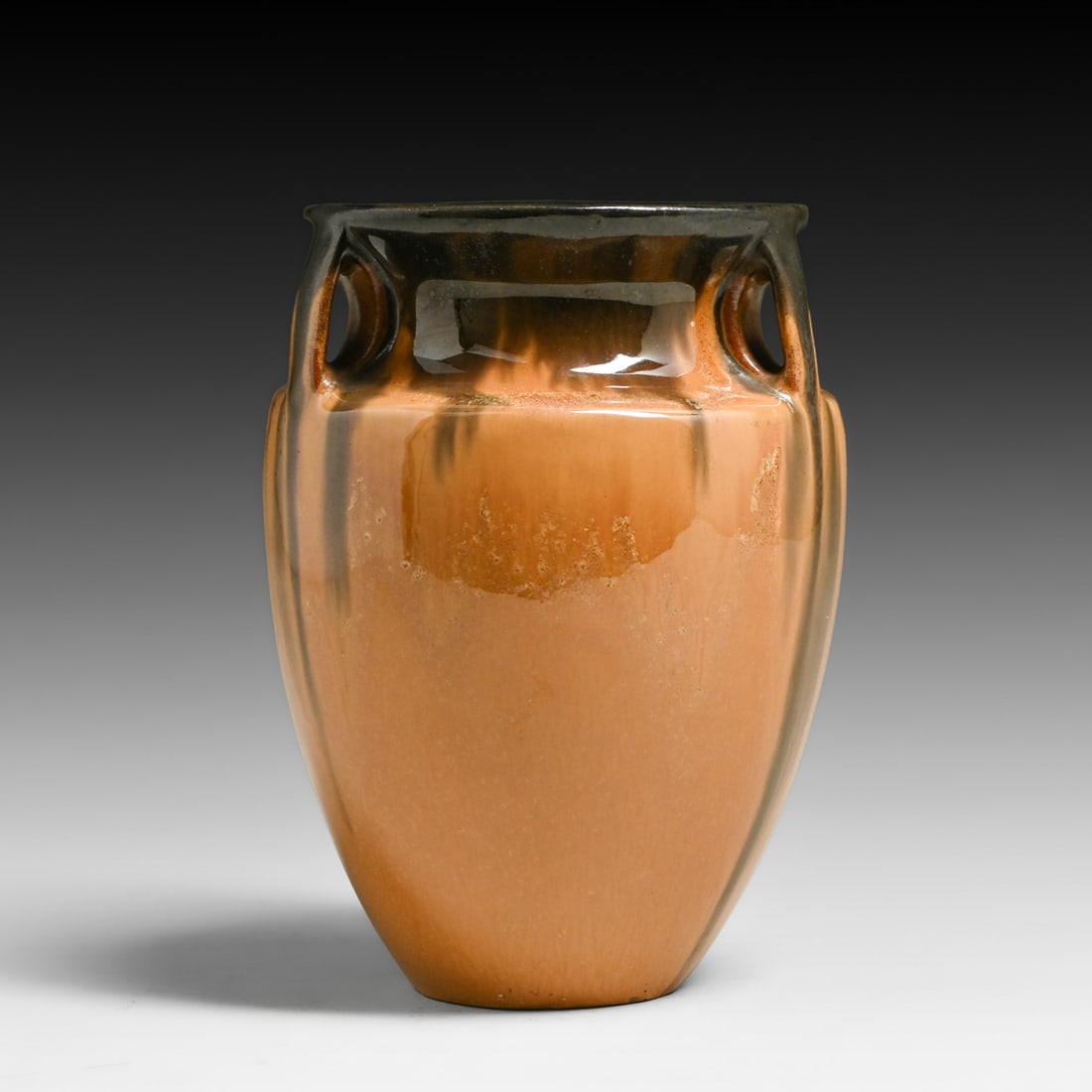 Fulper Pottery Orange & Mirror Black Flambe Three-Handled Bullet Vase c1917-1920: Fulper Pottery Orange & Mirror Black Flambe Three-Handled Bullet Vase c1917-1920. Signed. Perfect condition. 6.75"h x 5"d FREE NATIONWIDE SHIPPING Free Nationwide Shipping within the lower 48 states