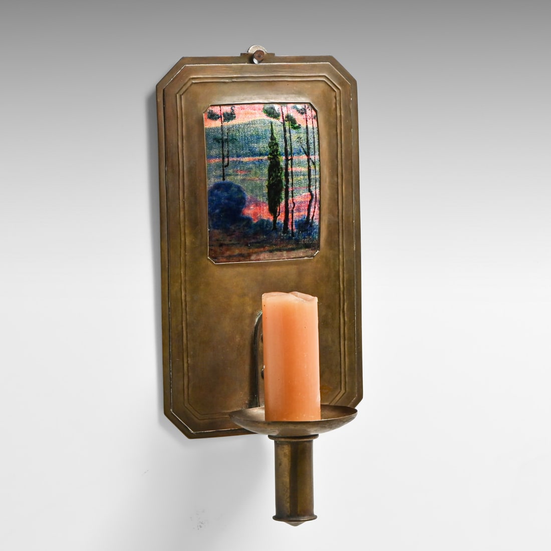 Frank J. Marshall (1874-1955) Boston Society of Arts & Crafts Hammered Brass & Enamel Candle Sconce: Frank J. Marshall (1874-1955) Boston Society of Arts & Crafts Hammered Brass & Enamel Candle Sconce c1910. Excellent original patina. Original enamel in perfect condition. Unsigned like many fine