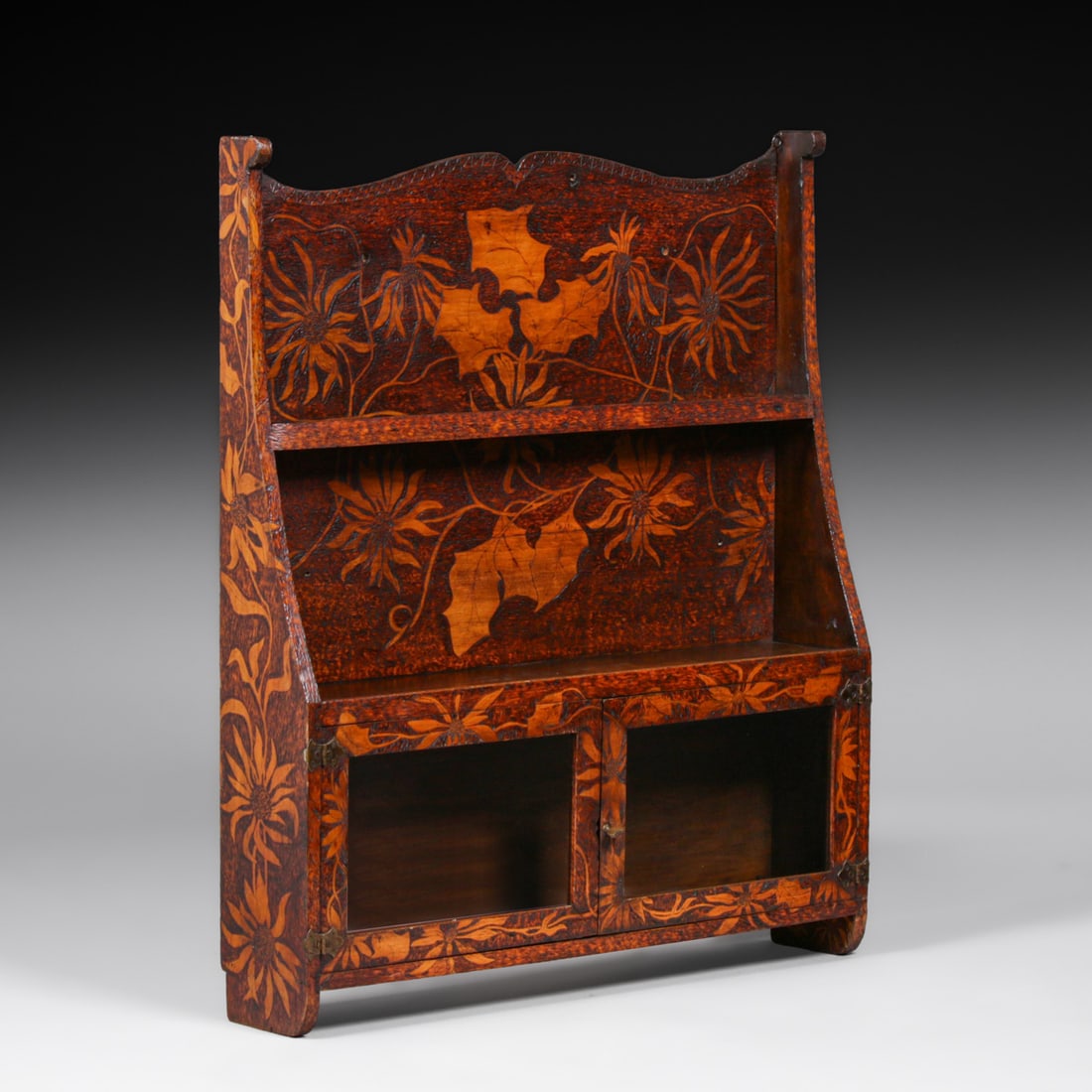 Arts & Crafts Period Hand-Carved Pyrography Hanging Two-Door Wall Shelf c1905: Arts & Crafts Period Hand-Carved Pyrography Hanging Two-Door Wall Shelf c1905. Unsigned. Excellent original finish. 31"w x 36"h x 6"d FREE NATIONWIDE SHIPPING Free Nationwide Shipping within the