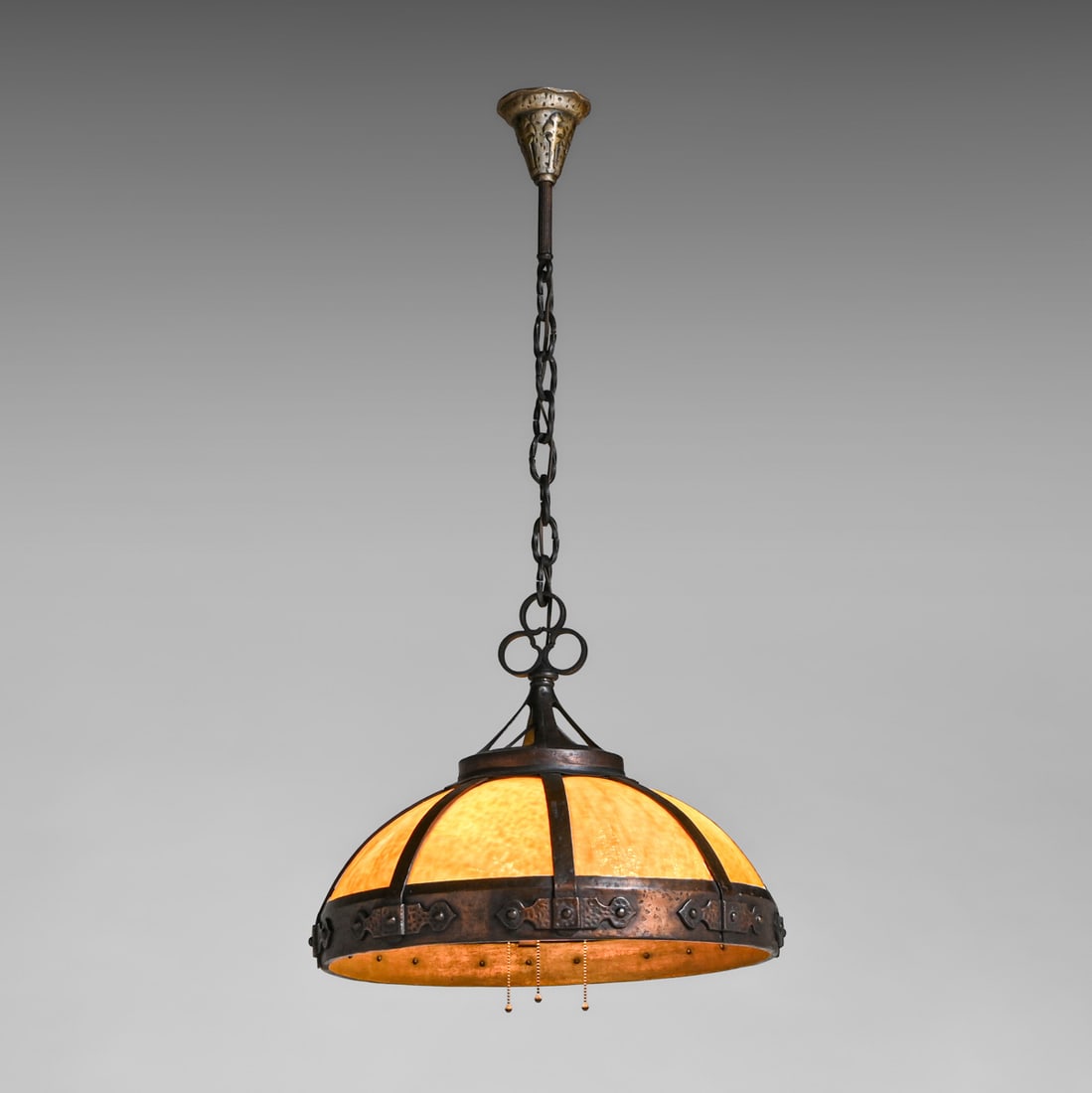 Arts & Crafts Period Copper & Curved Slag Glass Chandelier c1910: Arts & Crafts Period Copper & Curved Slag Glass Chandelier c1910. Unsigned. Excellent original patina. Original curved slag glass in perfect condition. 45"h overall x 22"d FREE NATIONWIDE SHIPPING