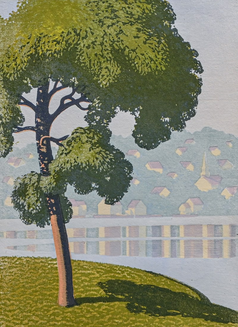 Arthur Wesley Dow (1857-1922) Color Woodcut "Massachusetts Harbor" c1920s: Arthur Wesley Dow (1857-1922) Color Woodcut "Massachusetts Harbor" c1920s. Printed on Thin Japanese Tissue Paper. Unsigned. A couple of light spots to margins. Overall image is clean, vibrant and