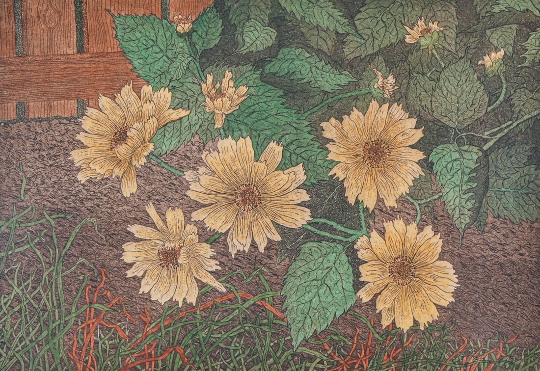 Contemporary Canadian Color Woodcut "Prairie Sun Flowers" 1998: Contemporary Canadian Color Woodcut "Prairie Sun Flowers" 1998. Signed indistinctly. Excellent condition. Unframed. Image 6.75"h x 9.75"w FREE NATIONWIDE SHIPPING Free Nationwide Shipping within the