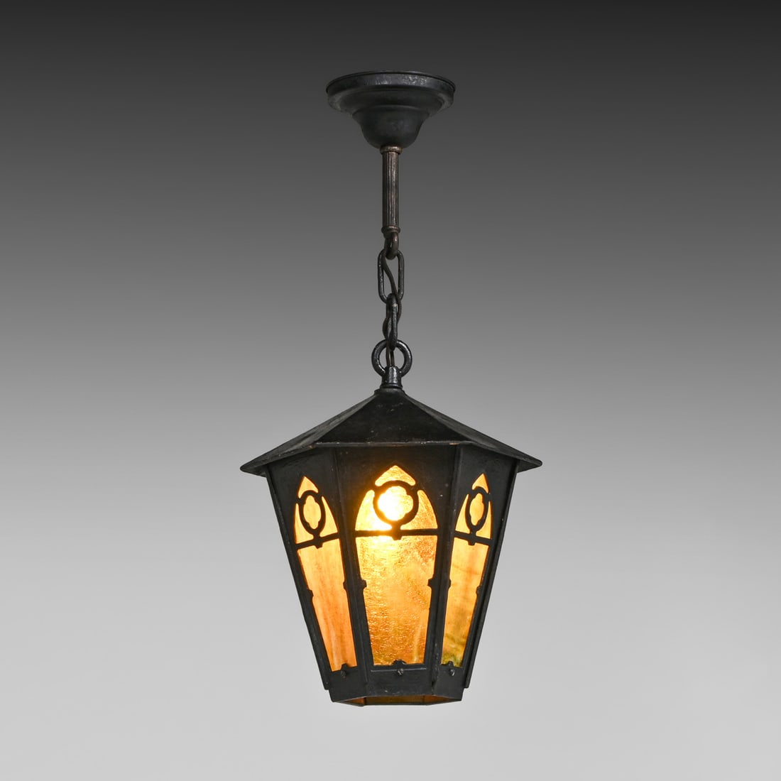 Arts & Crafts Period Cast Iron & Amber Slag Glass Hanging Light c1910 (1 of 6)