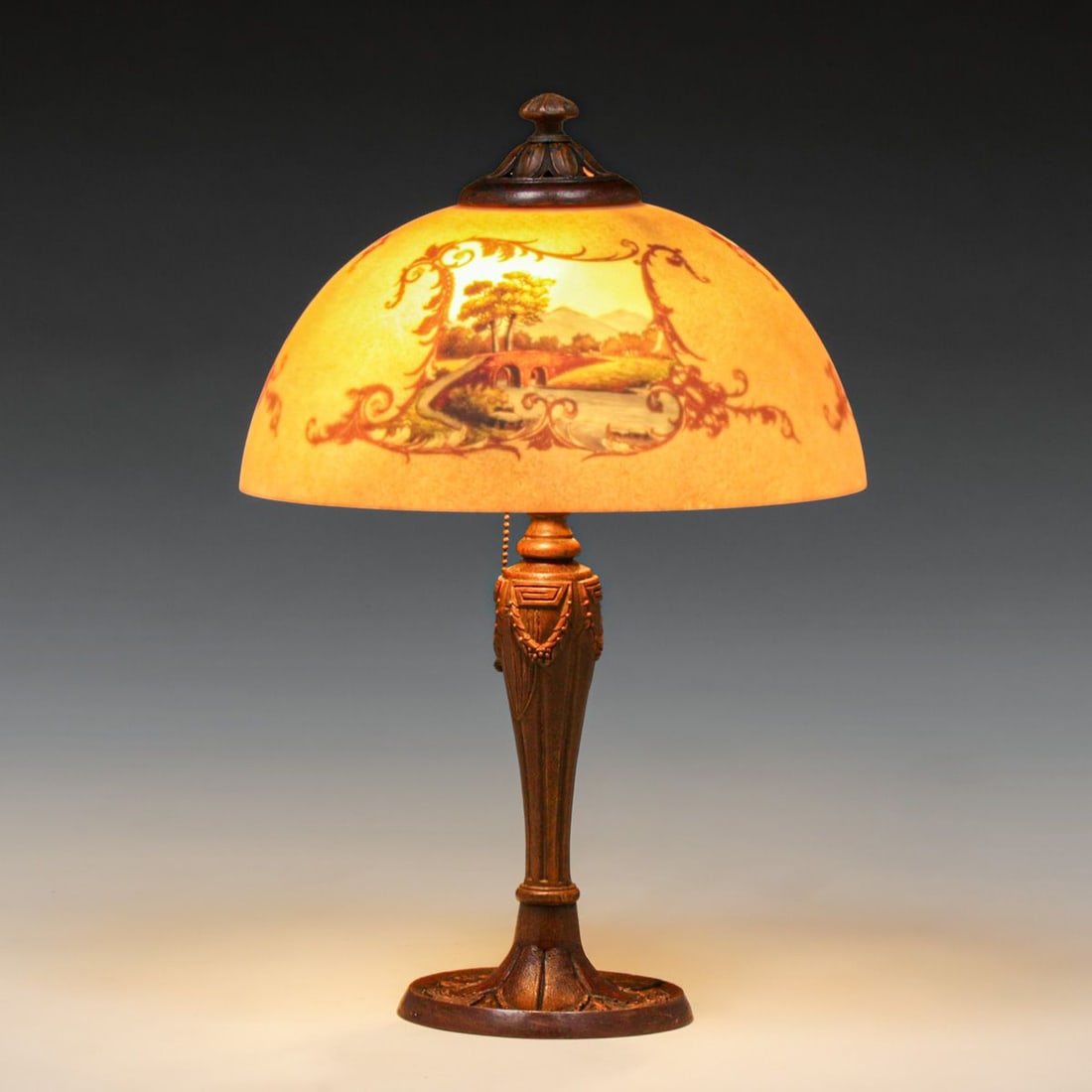 Jefferson Reverse-Painted Lamp c1920s: Jefferson Reverse-Painted Lamp c1920s. Unsigned. Excellent original patina to base. Original reverse-painted shade in perfect condition. 20.5"h x 13.75"d FREE NATIONWIDE SHIPPING Free Nationwide