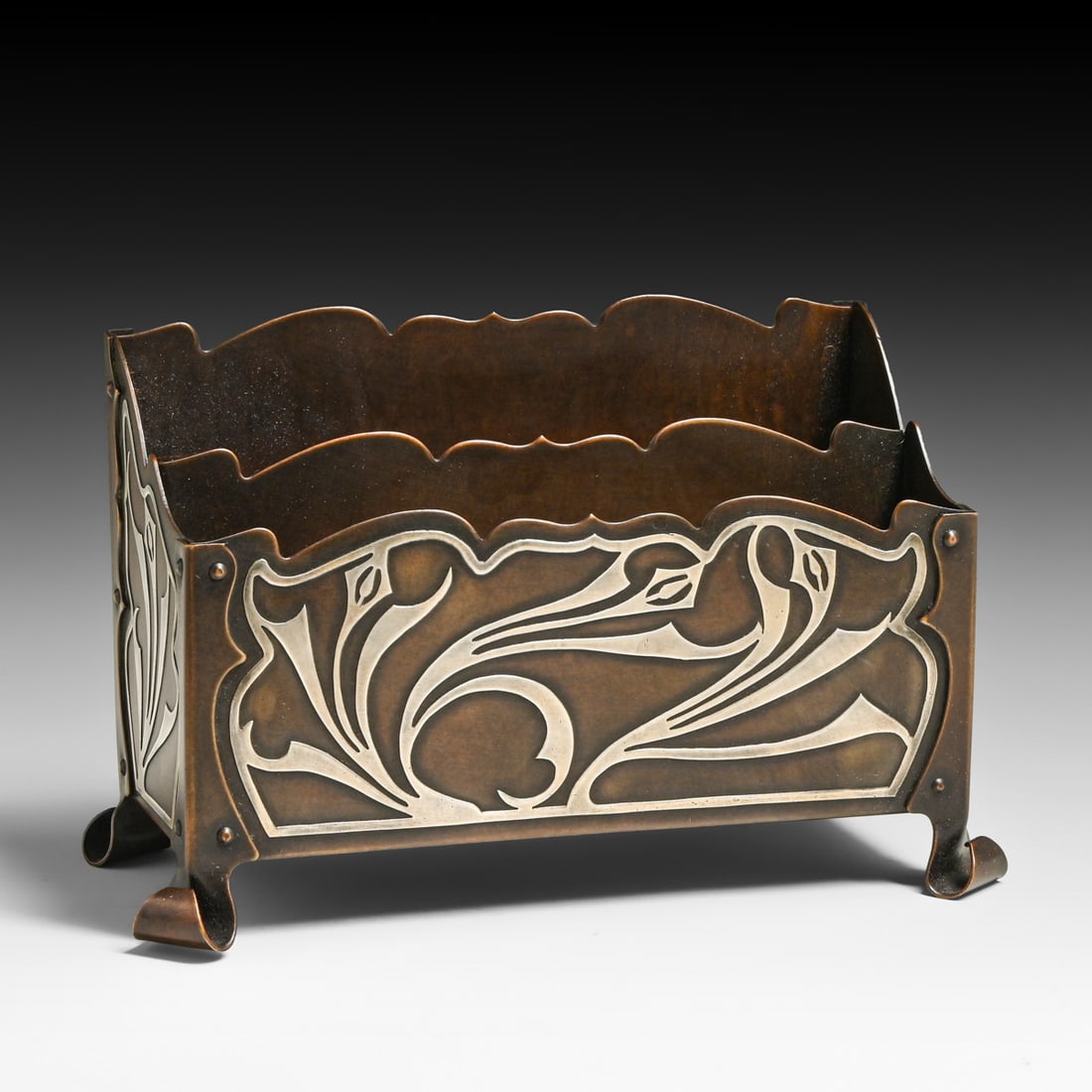 Early Heintz Sterling on Bronze Letter Rack c1910: Early Heintz Sterling on Bronze Letter Rack c1910. Marked only with impressed "Sterling". Excellent new patina. 9.25"w x 5.75"h x 4.5"d. This is lot is just for the Letter Rack. FREE NATIONWIDE