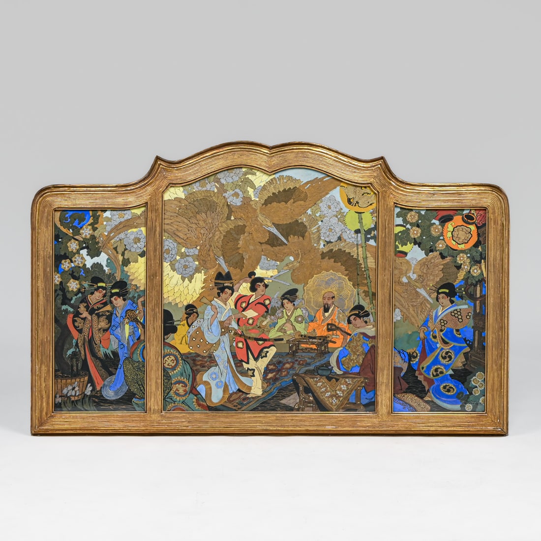 Daniel Sayre Groesbeck (1878-1950) Japanese Samurai Court Triptych c1920s: Daniel Sayre Groesbeck (1878-1950) Japanese Samurai Court Triptych c1920s. Mixed media, primarily watercolor. Signed. Some rubs to frame, otherwise excellent condition. 37.5"h x 60.75"w FREE