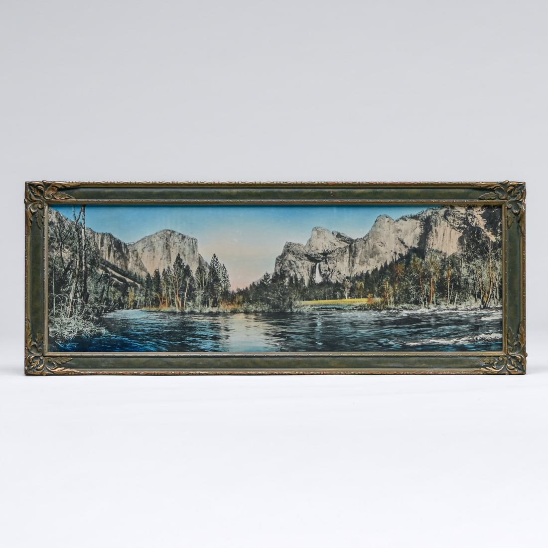 Arts & Crafts Period Yosemite Valley View Hand-Tinted Photo c1910: Arts & Crafts Period Yosemite Valley View Hand-Tinted Photo c1910. Framed by Saake's Art Gallery, Oakland. Excellent condition. Image size: 10"h x 30"w. Original frame: 12.5"h x 32.5"w FREE