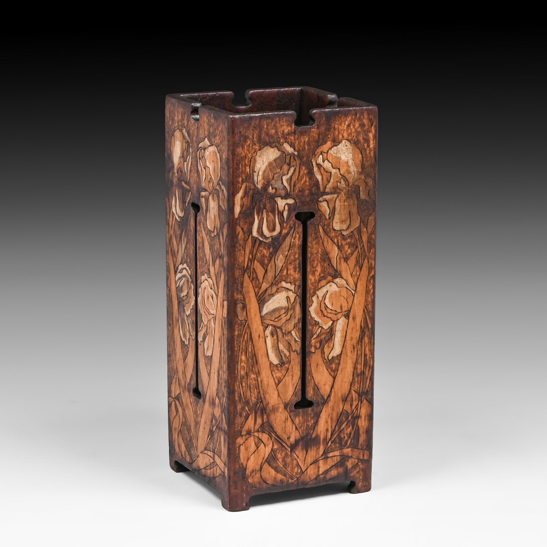 Arts & Crafts Period Hand-Carved Pyrography Umbrella Stand c1910: Arts & Crafts Period Hand-Carved Pyrography Umbrella Stand c1910. Signed "F.W.W." Excellent original finish. 24"h x 9.75" x 9.75" FREE NATIONWIDE SHIPPING Free Nationwide Shipping within the lower 48