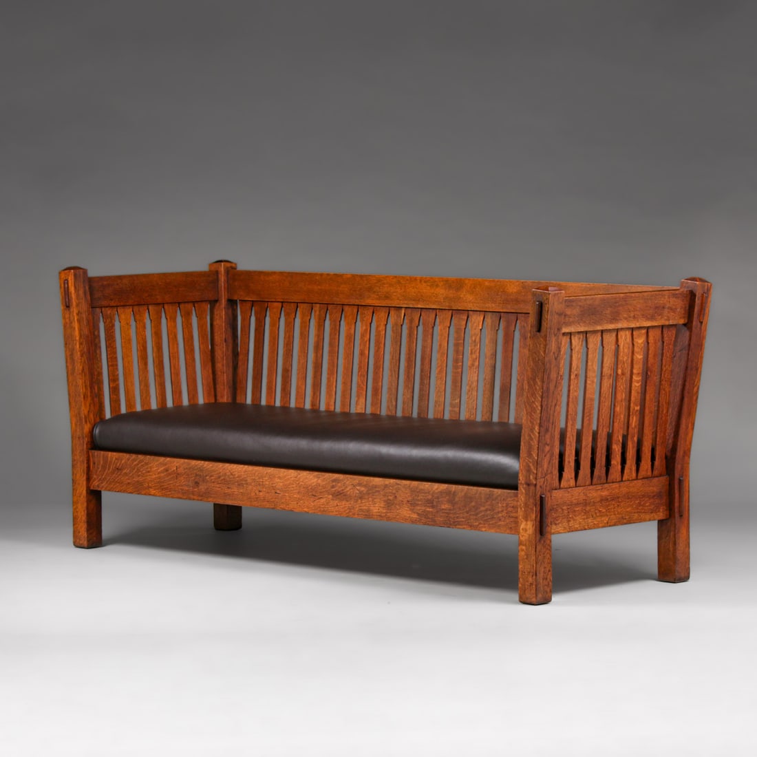 Stickley Brothers #3865 Gothic Slatted Evenarm Settle c1905: Stickley Brothers #3865 Gothic Slatted Evenarm Settle c1905. Signed. Excellent original finish. Very sturdy. 84"w x 29.5"d x 36"h FREE NATIONWIDE SHIPPING Free Nationwide Shipping within the lower 48