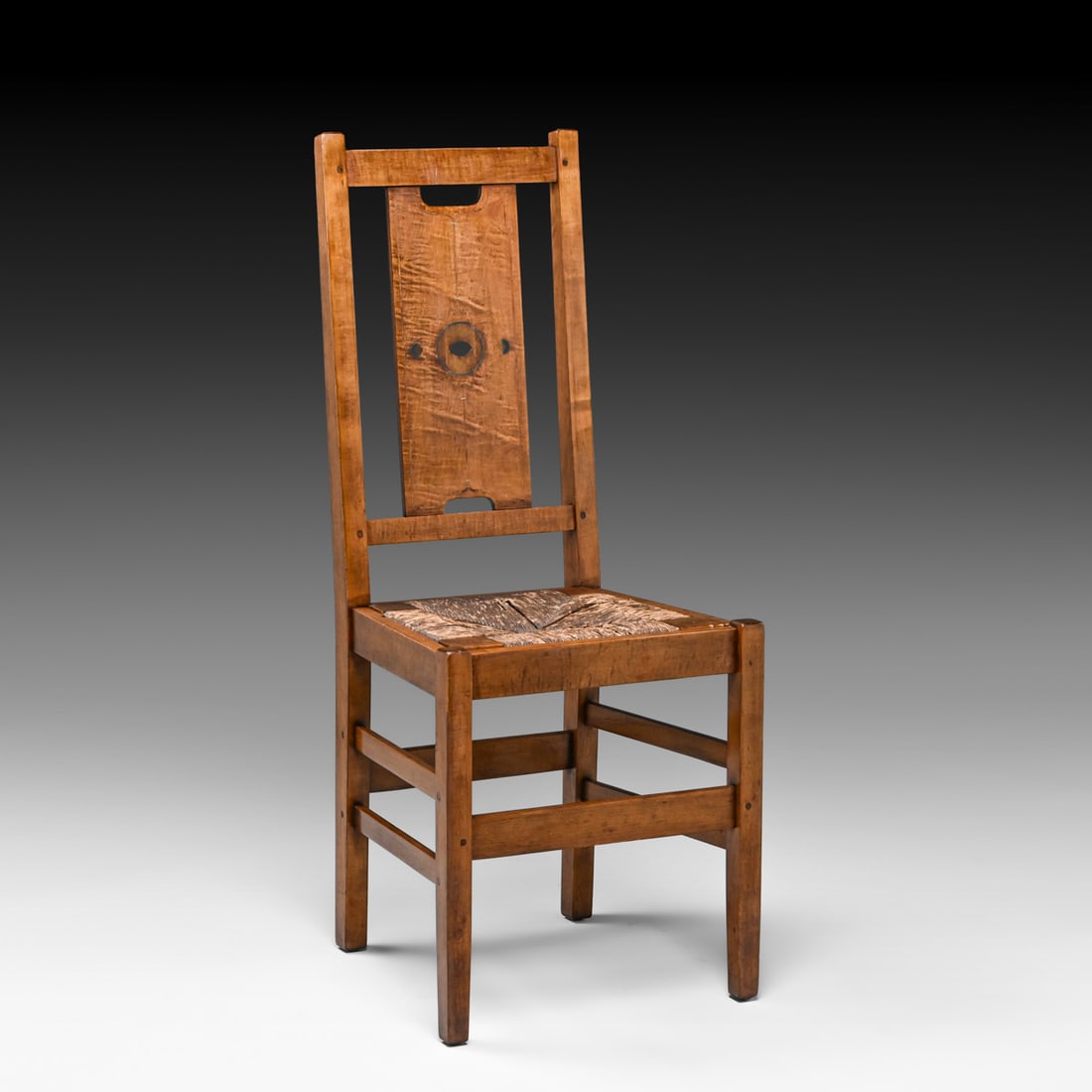 Gustav Stickley – Harvey Ellis Inlaid Maple Side Chair c1910: Gustav Stickley – Harvey Ellis Inlaid Maple Side Chair c1910. Although Ellis died in 1904, this chair shows his phenomenal influence. Unsigned. Excellent original finish. Very sturdy. Original rush