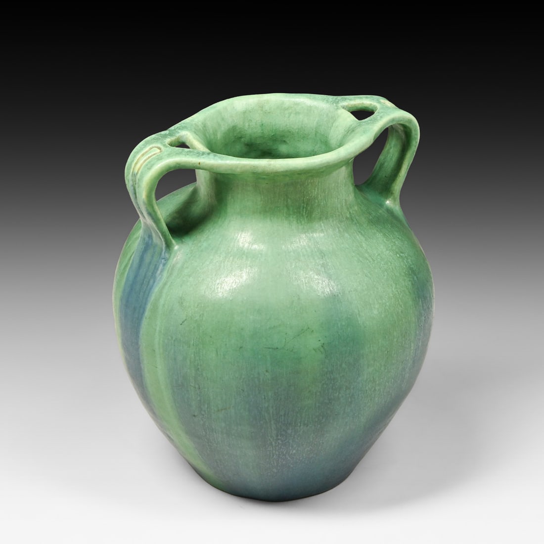 Arts & Crafts Period Two-Handled Cutout Matte Green & Blue Vase c1910 (1 of 6)