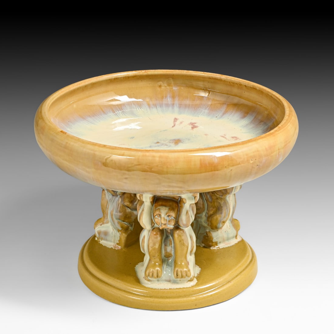 Fulper Pottery Mustard Flambe Effigy Bowl c1917-1920: Fulper Pottery Mustard Flambe Effigy Bowl c1917-1920. Signed. Base slightly uneven, otherwise perfect condition. 7"h x 10.5"d FREE NATIONWIDE SHIPPING Free Nationwide Shipping within the lower 48