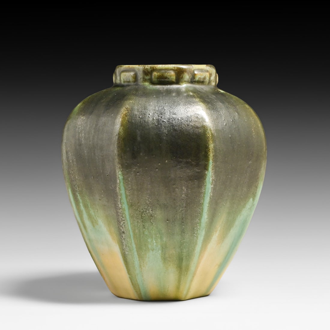 Fulper Pottery Dark Green & Ivory Flambe Eight-Sided Vase c1910s (1 of 4)