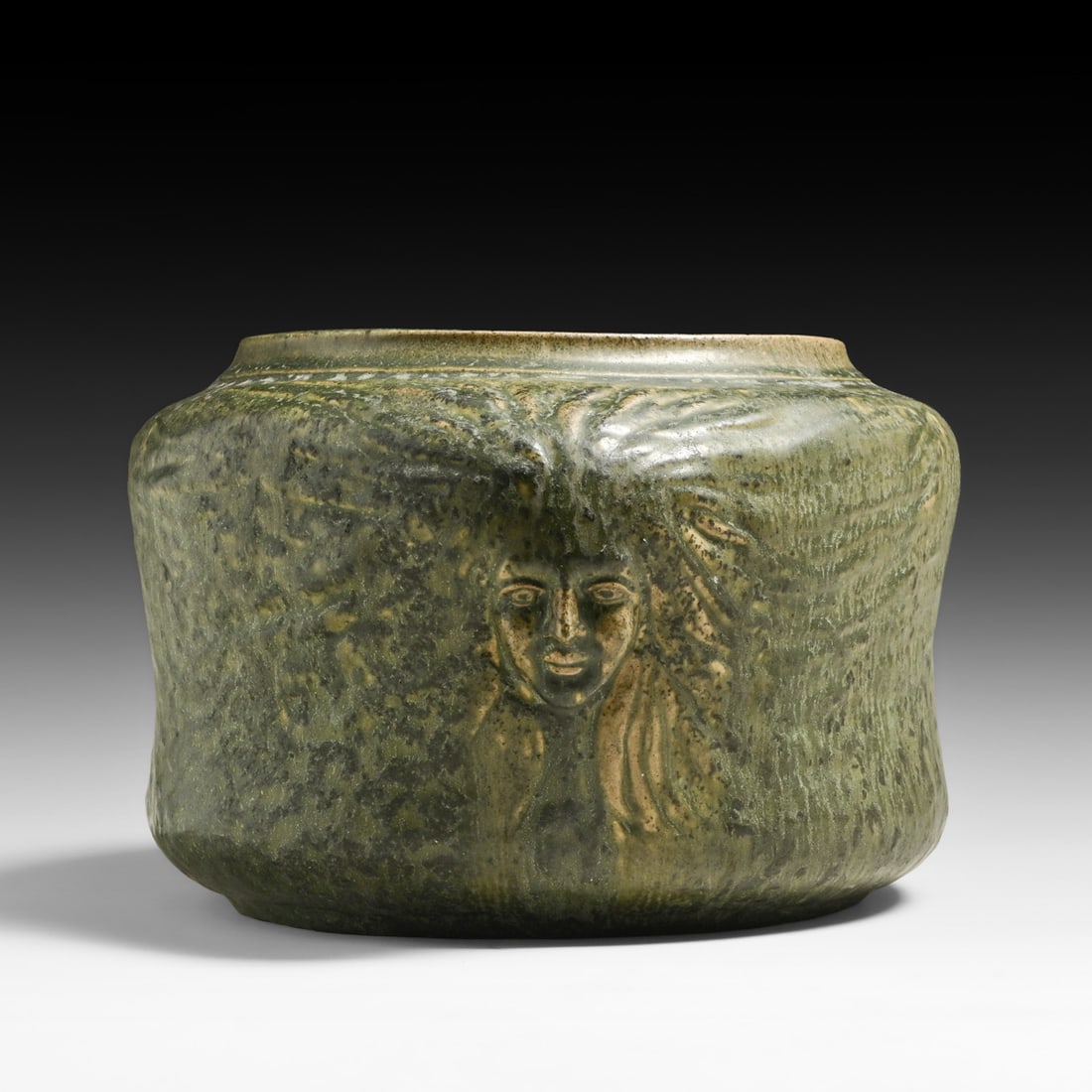 Early Van Briggle Pottery Figural Nymph Jardinière c1908-1911: Early Van Briggle Pottery Figural Nymph Jardinière c1908-1911. Signed. Rim slightly uneven, otherwise perfect condition. 13"w x 11"d x 7.25"h FREE NATIONWIDE SHIPPING Free Nationwide Shipping within