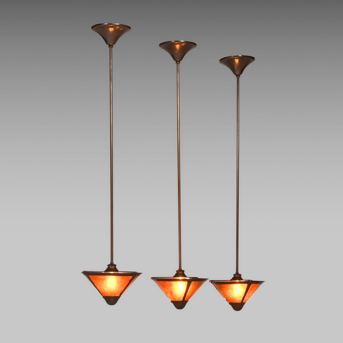 Michael Adams - Aurora Studios Set of 3 Hammered Copper & Mica Hanging Lights c2000: Michael Adams - Aurora Studios Set of 3 Hammered Copper & Mica Hanging Lights c2000. Unsigned. Excellent original patina and original mica. 56"h overall x 12"d FREE NATIONWIDE SHIPPING Free