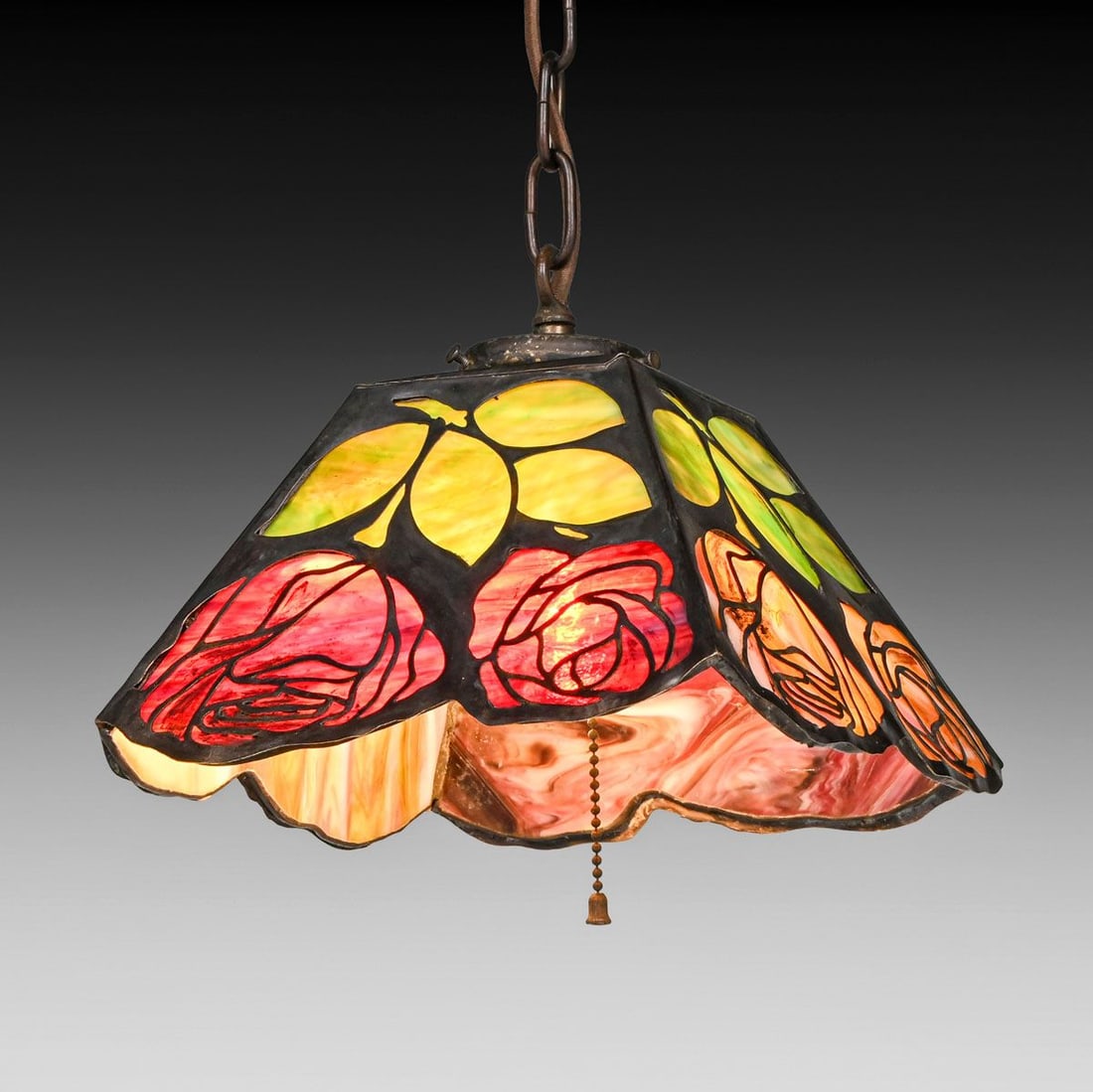 J.A Whaley Co - New York "Rosebush" Motif Cutout Copper & Slag Glass Hanging Light c1910: J.A Whaley Co - New York "Rosebush" Motif Cutout Copper & Slag Glass Hanging Light c1910. Unsigned. Excellent original patina. Original slag glass in perfect condition. Lantern 7.75"h x 8.5" x 8.5"