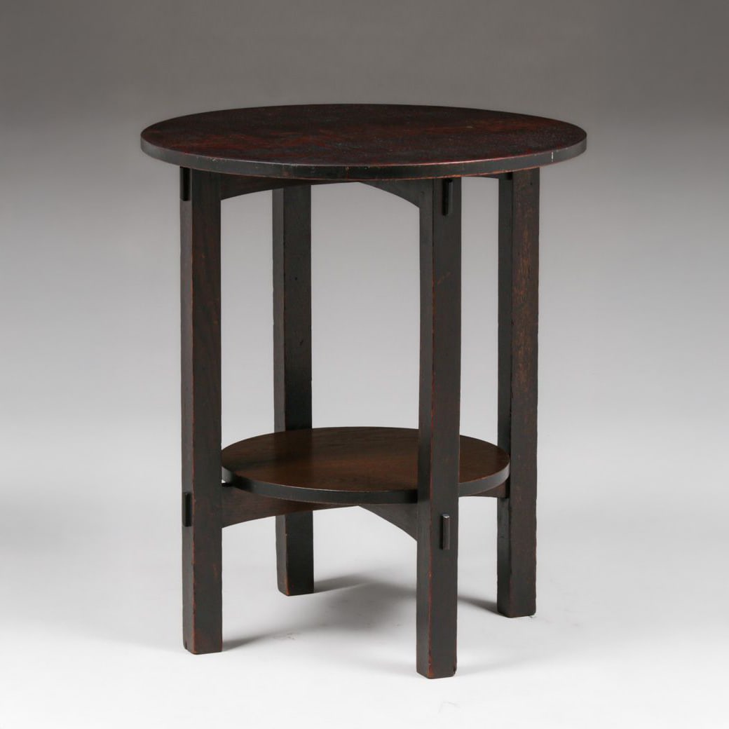 Gustav Stickley #607 Oak Lamp Table c1904: Gustav Stickley #607 Oak Lamp Table c1904. Unsigned. Color added to original finish. 24"d x 28"h FREE NATIONWIDE SHIPPING Free Nationwide Shipping within the lower 48 states for all purchases at our