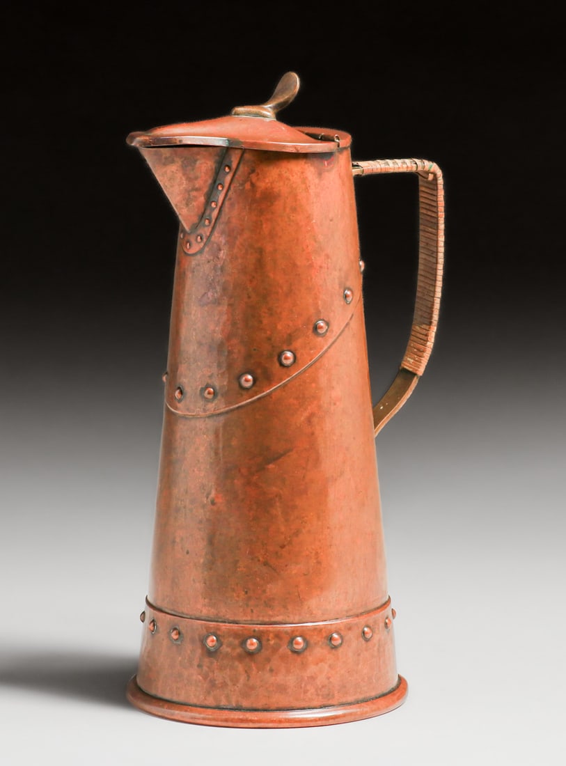 WMF - German Hammered Copper Riveted Pitcher c1905: WMF - German Hammered Copper Riveted Pitcher c1905. Signed. Excellent original patina. 9.5"h x 5.5"w x 4.25"d FREE NATIONWIDE SHIPPING Free Nationwide Shipping within the lower 48 states for all purch