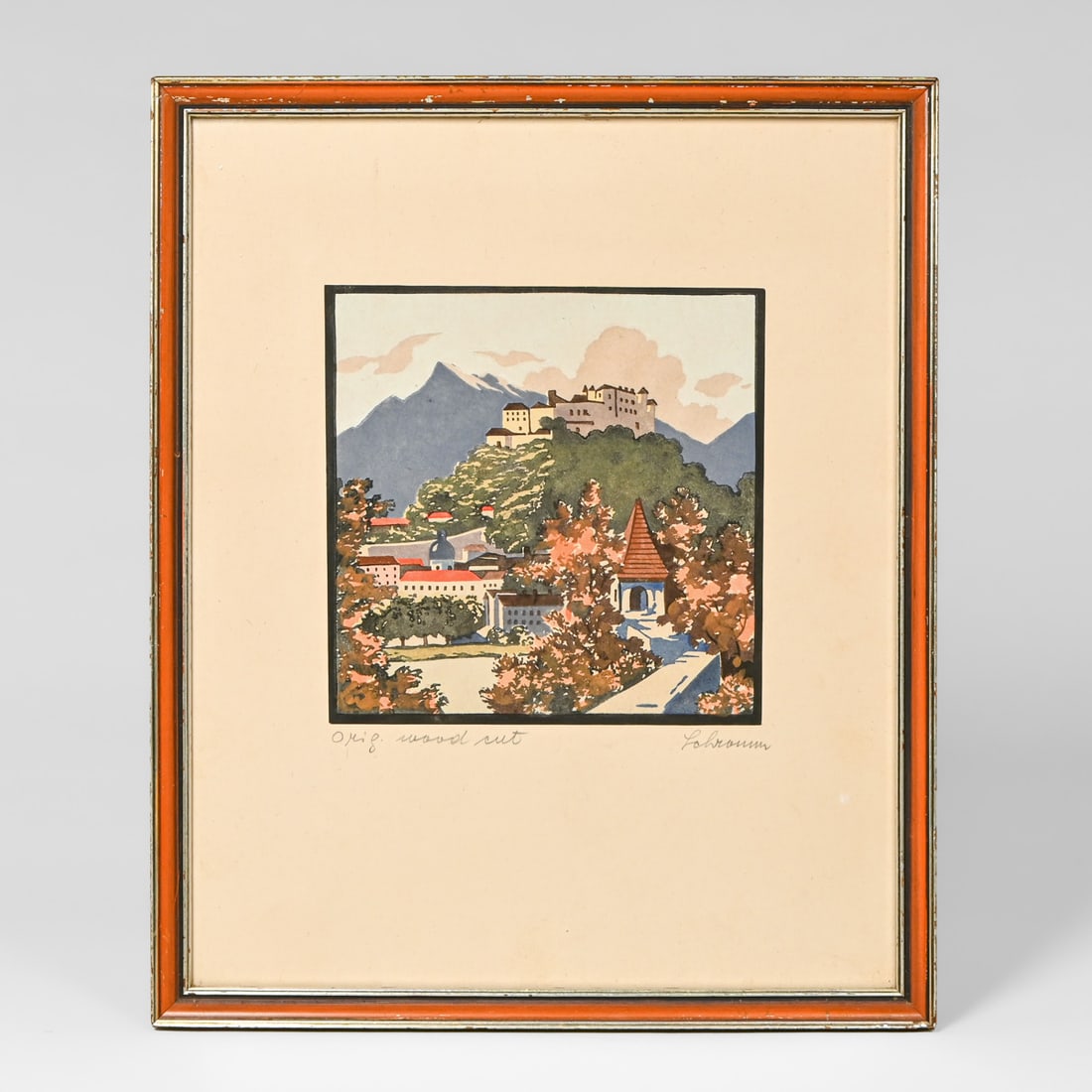 Alois Schramm Color Woodcut "Hohensalzburg Fortress - Salzburg, Austria" c1920s: Alois Schramm Color Woodcut "Hohensalzburg Fortress - Salzburg, Austria" c1920s. Signed Schramm lower right, titled Orig. wood cut lower left. Excellent condition. Image: 5.25"h x 5.25"w. Frame: 11.75