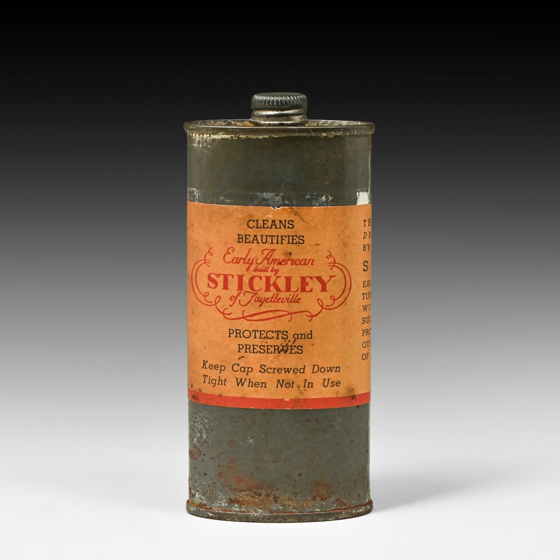 L&JG Stickley "Early American" Arts & Crafts / Colonial Revival Furniture Polish Tin Can c1940s: L&JG Stickley "Early American" Arts & Crafts / Colonial Revival Furniture Polish Tin Can c1940s. 5"h x 2.25"w x 1.25"d FREE NATIONWIDE SHIPPING Free Nationwide Shipping within the lower 48 states for 