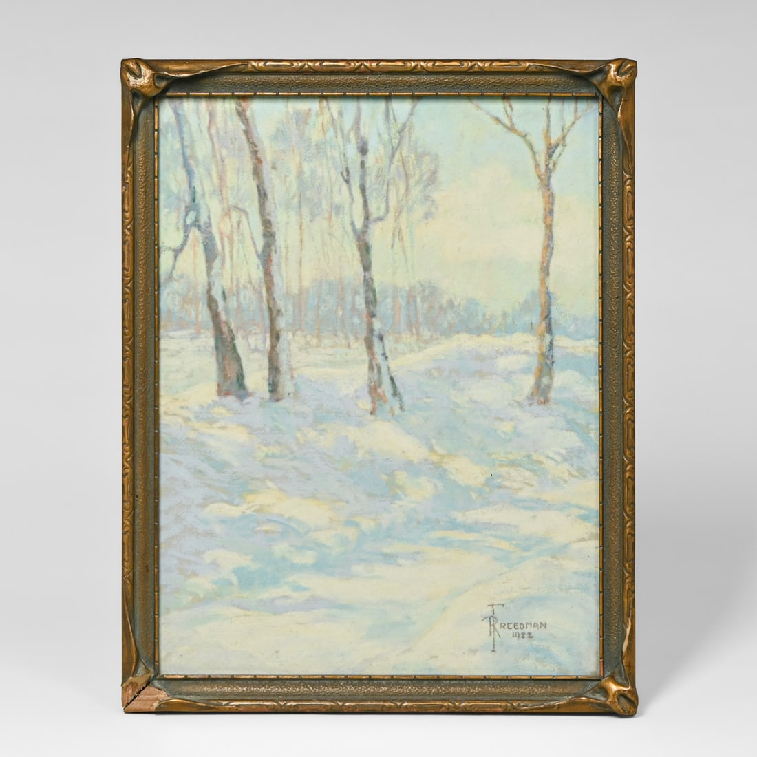 Ruth Freedman - Seattle Pastel: Birch Trees in Snow c1920s: Ruth Freedman - Seattle Pastel: Birch Trees in Snow c1920s. Signed. Original gesso frame with small chip in lower left corner, otherwise excellent condition. 12.5"h x 9.5"w. Frame 14.25"h x 11.25"w