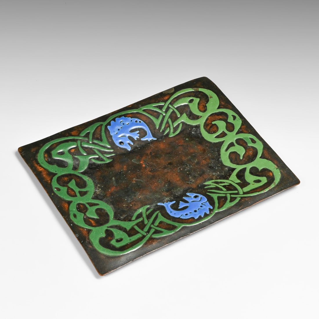 The Art Crafts Shop - Buffalo, NY #2218 Copper & Enamel Fish Tray c1905: The Art Crafts Shop - Buffalo, NY #2218 Copper & Enamel Fish Tray c1905. Stamped with oval "The Art Crafts Shop" emblem and model number "2218" on the reverse. Some very slight losses to original enam