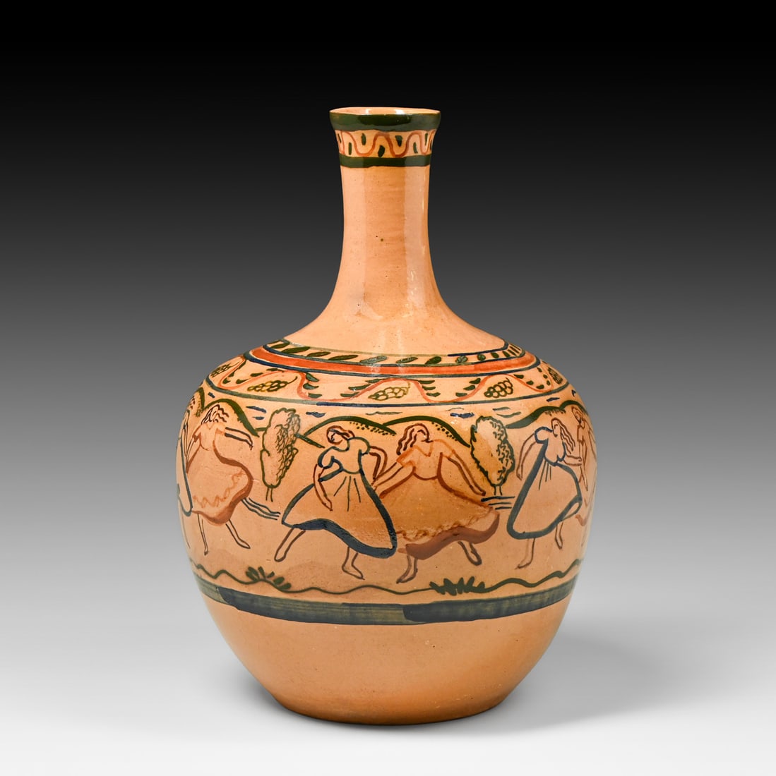 Rare Minnesota WPA Art Project Painted Pottery Vase with Dancing Figures c1935-1943: Rare Minnesota WPA Art Project Painted Pottery Vase with Dancing Figures c1935-1943. Signed. Invisible professional restoration to small rim chip and minor firing imperfection to base. 12.75"h x 9.5"d