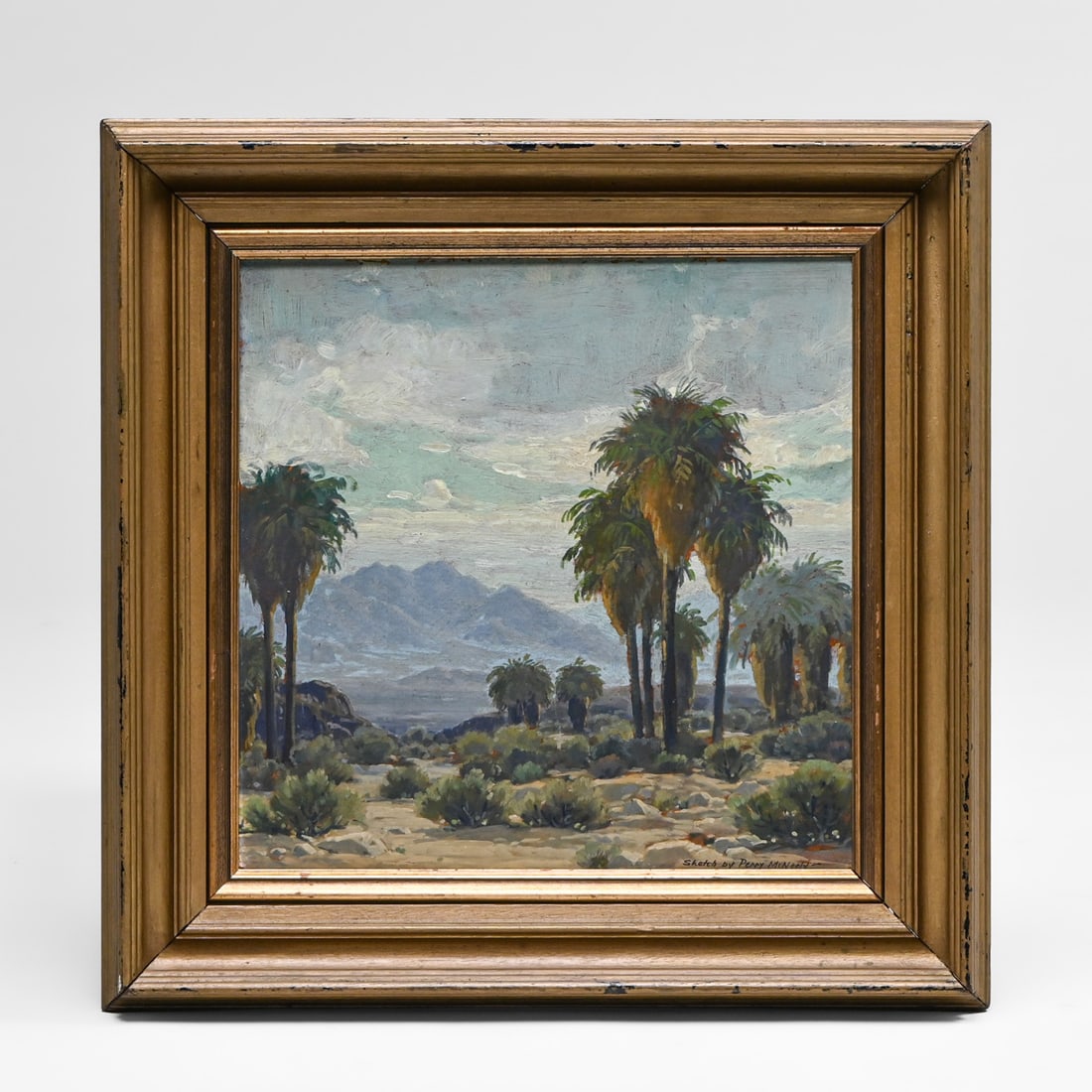 Perry McNeely (1886-1966) Early California Impressionist Desert Painting: Palm Springs Oasis c1920s: Perry McNeely (1886-1966) Early California Impressionist Desert Painting: Palm Springs Oasis c1920s. Signed and inscribed "Sketch by Perry McNeely" lower right. An exceptional plein-air field study de