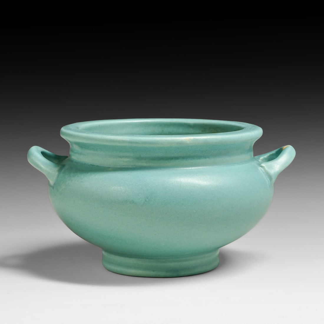 Roseville Pottery Matte Turquoise Two-Handled Jardiniere c1917: Roseville Pottery Matte Turquoise Two-Handled Jardiniere c1917. Unsigned. Perfect condition. 6.75"d x 3.5"h FREE NATIONWIDE SHIPPING Free Nationwide Shipping within the lower 48 states for all
