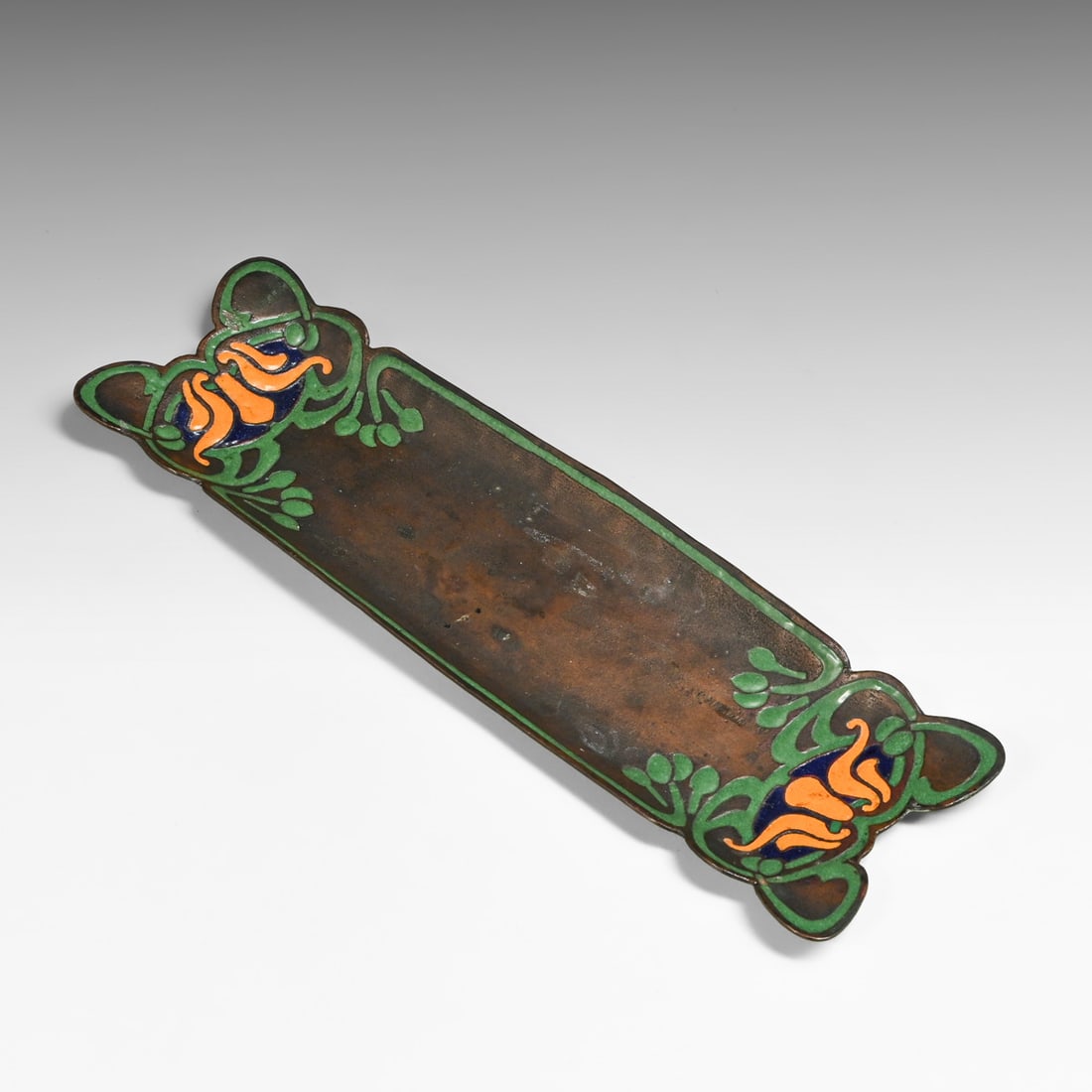 The Art Crafts Shop - Buffalo, NY #1003 Copper & Enamel Pen Tray c1905: The Art Crafts Shop - Buffalo, NY #1003 Copper & Enamel Pen Tray c1905. Stamped with oval "The Art Crafts Shop" emblem and model number "1003" on the reverse. Some very slight losses to original ename