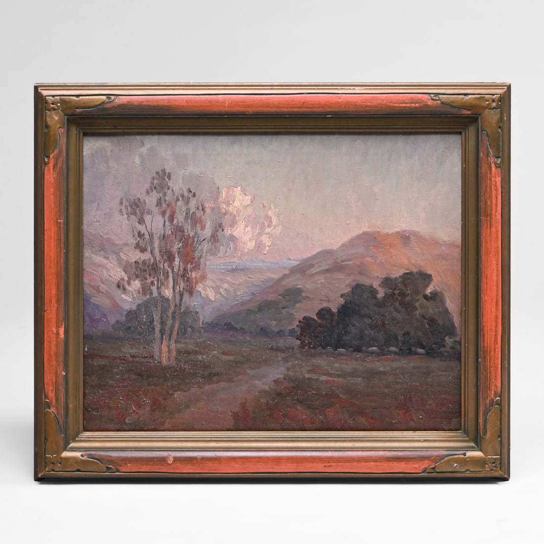 California Impressionist Eucalyptus Landscape c1920s: California Impressionist Eucalyptus Landscape c1920s. Unsigned canvas; inscribed "WHITE" on the raw wood stretcher bar reverse. Excellent original condition. 15.25"h x 19.25"w. Frame: 20.25"h x 24.25"