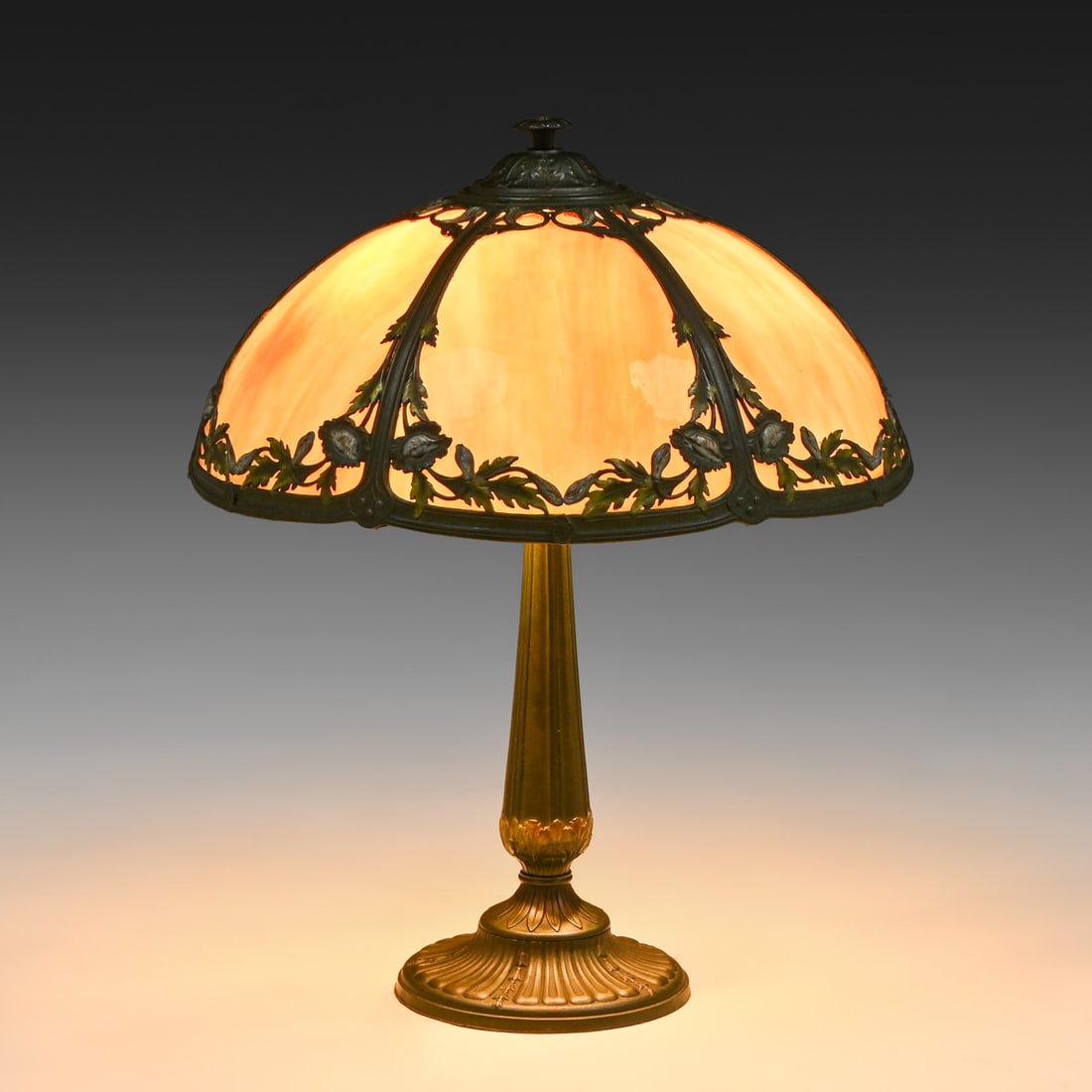 Miller Art Nouveau Caramel Curved Glass Table Lamp c1910: Miller Art Nouveau Caramel Curved Glass Table Lamp c1910. Unmarked. Excellent original condition with original curved glass in perfect condition and a rich, multi-toned patinated finish with cold-pain