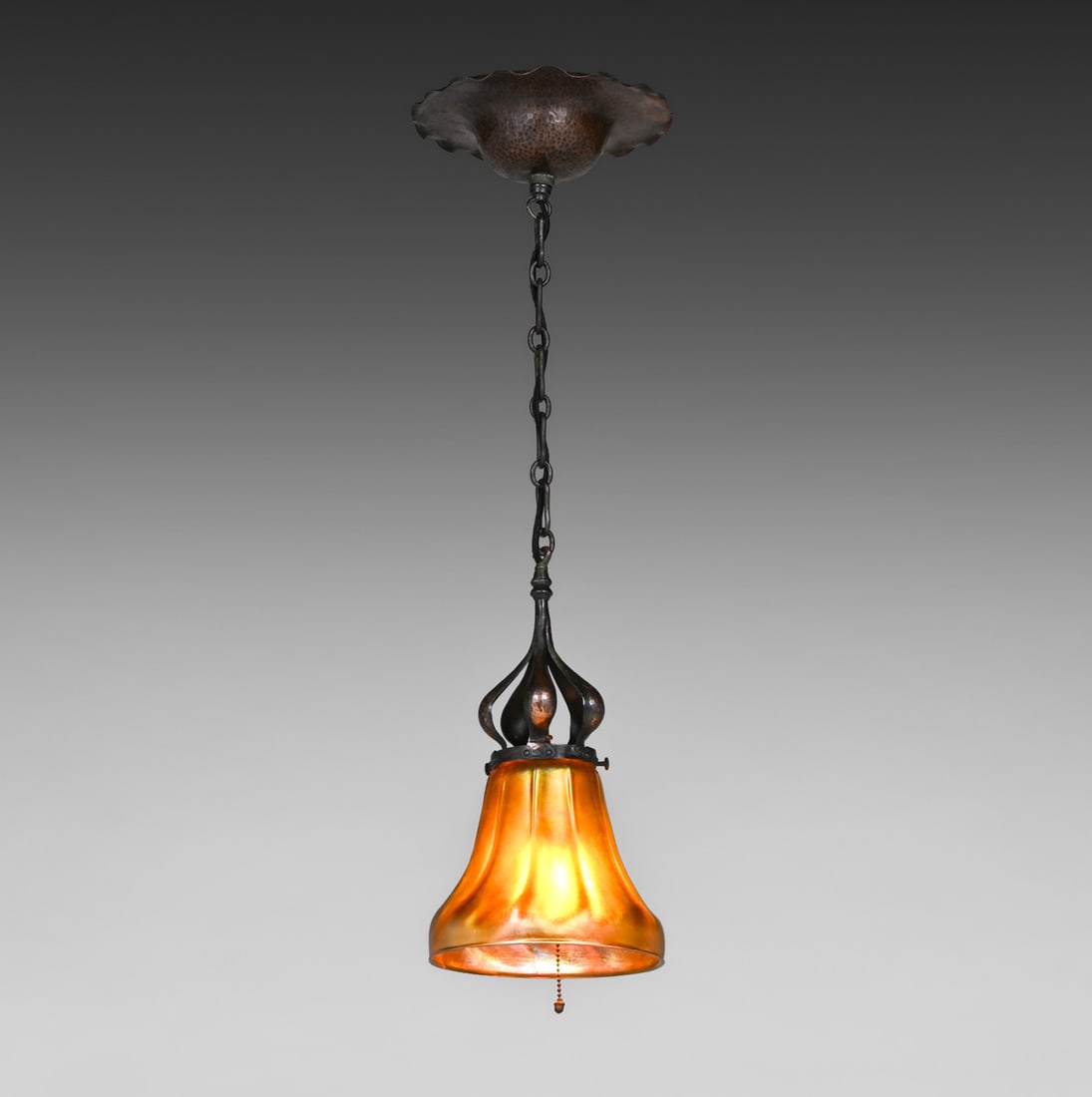W.A.S. Benson British Arts & Crafts Hammered Copper & Steuben Art Glass Pendant Lamp c1905 (1 of 6)