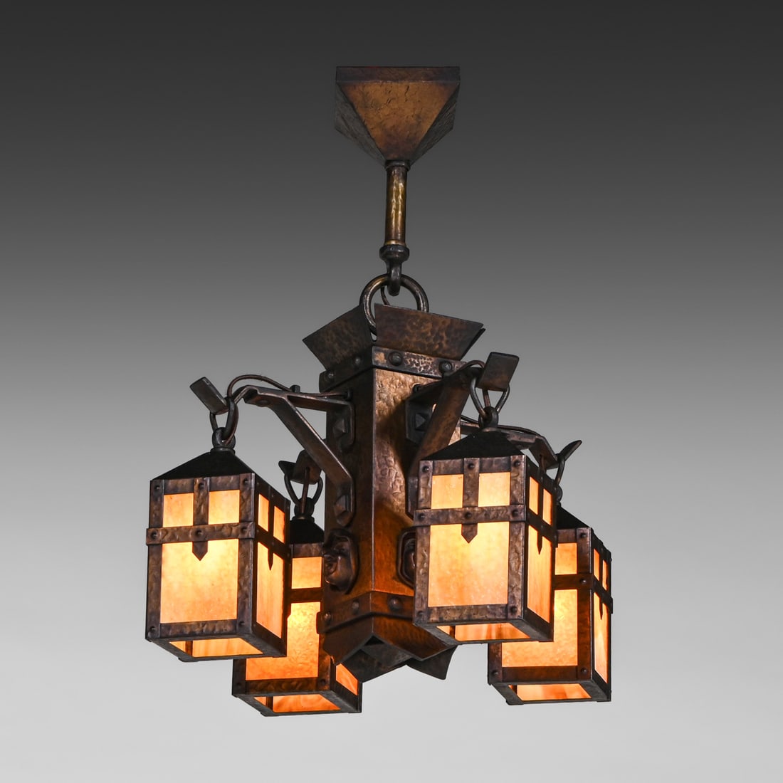 Arts & Crafts Period Cast Brass & Slag Glass "Monk Face" 5-Light Chandelier c1910 #2: Arts & Crafts Period Cast Brass & Slag Glass "Monk Face" 5-Light Chandelier c1910. Unsigned. Excellent original patina. Original slag glass panels in perfect condition. 26"h x 21"d FREE NATIONWIDE SHI