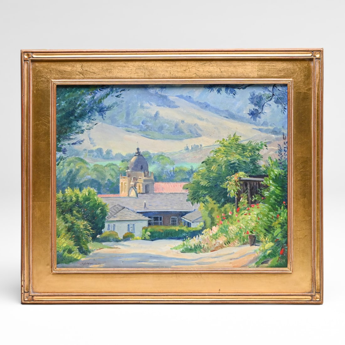 A. G. Warshawsky (American 1883-1962) Carmel Mission & Valley Landscape c1945: A. G. Warshawsky (American 1883-1962) Carmel Mission & Valley Landscape c1945. Oil painting on masonite board. Signed "A. G. Warshawsky" in his classic blue-block oil script in the lower left corner. 