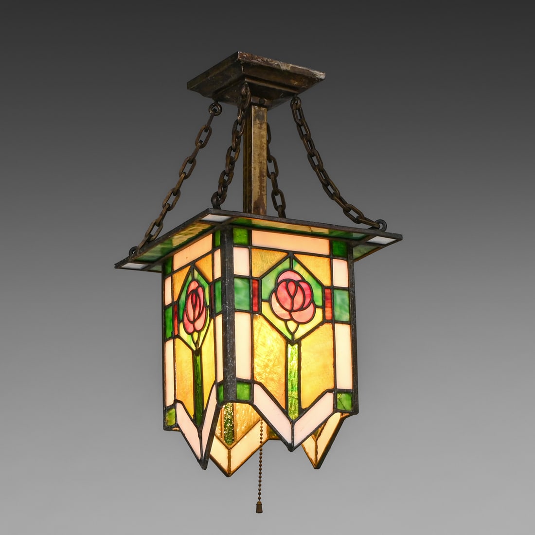 Arts & Crafts Leaded Slag Glass Stylized Rose Hanging Lantern c1910: Arts & Crafts Leaded Slag Glass Stylized Rose Hanging Lantern c1910. Unsigned. A few tight lines to original leaded glass in overall excellent condition and original patina. 16.5"h x 9" x 9" FREE NATI