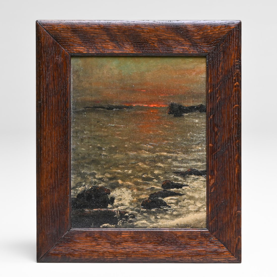 California School Tonalist Coastal Sunset Over the Pacific c1910s: California School Tonalist Coastal Sunset Over the Pacific c1910s. Signed "Mitchell". Oil on canvas laid to board. Excellent condition. 10"h x 8"w. Frame 13.5"h x 11.5"w FREE NATIONWIDE SHIPPING Free 
