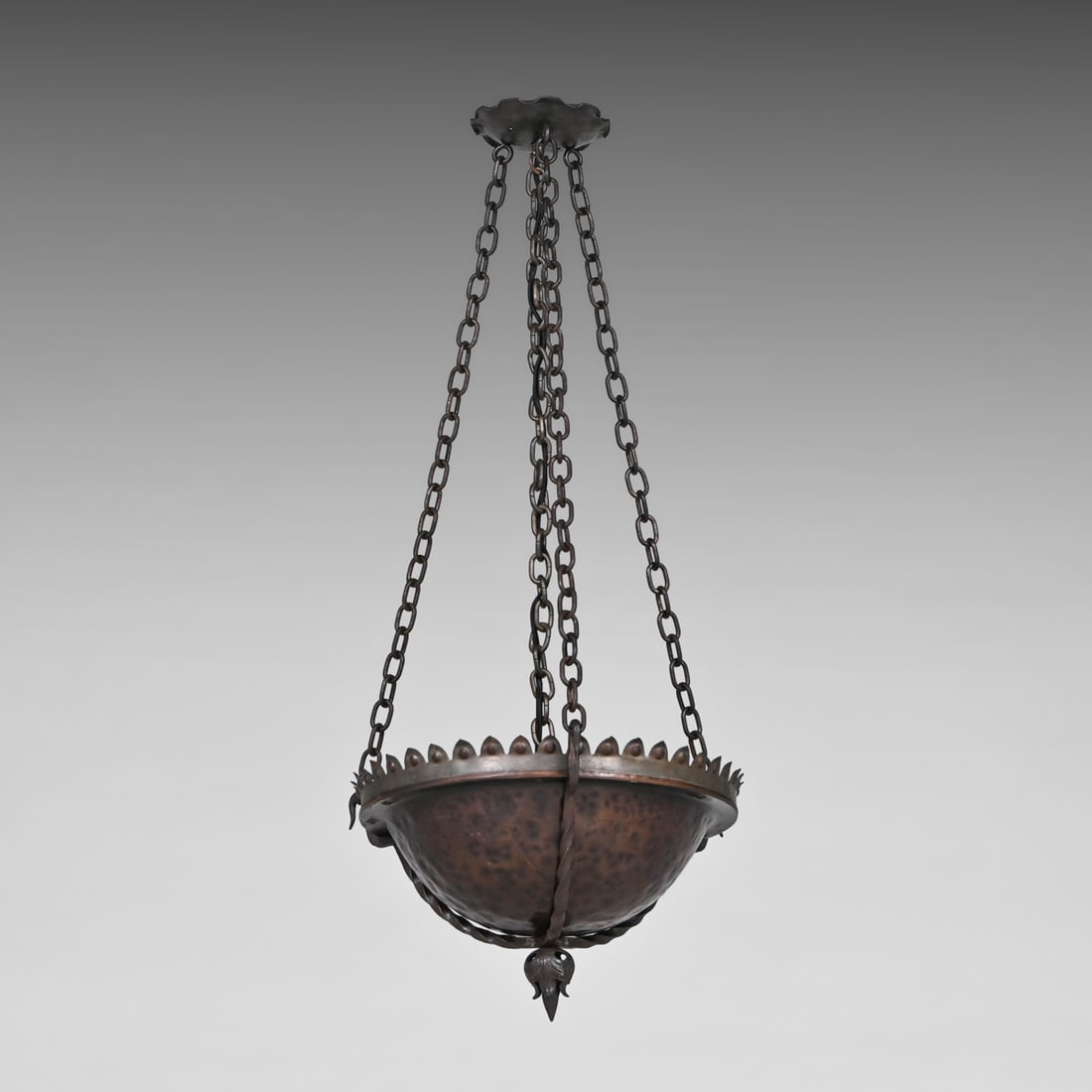 Arts & Crafts Hammered Copper & Wrought Iron 3-Chain Chandelier c1910 (1 of 7)